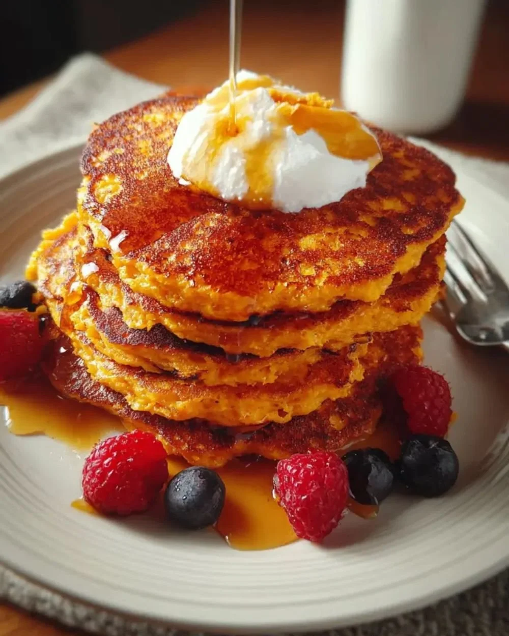 Plate of golden sweet potato pancakes topped with syrup and berries