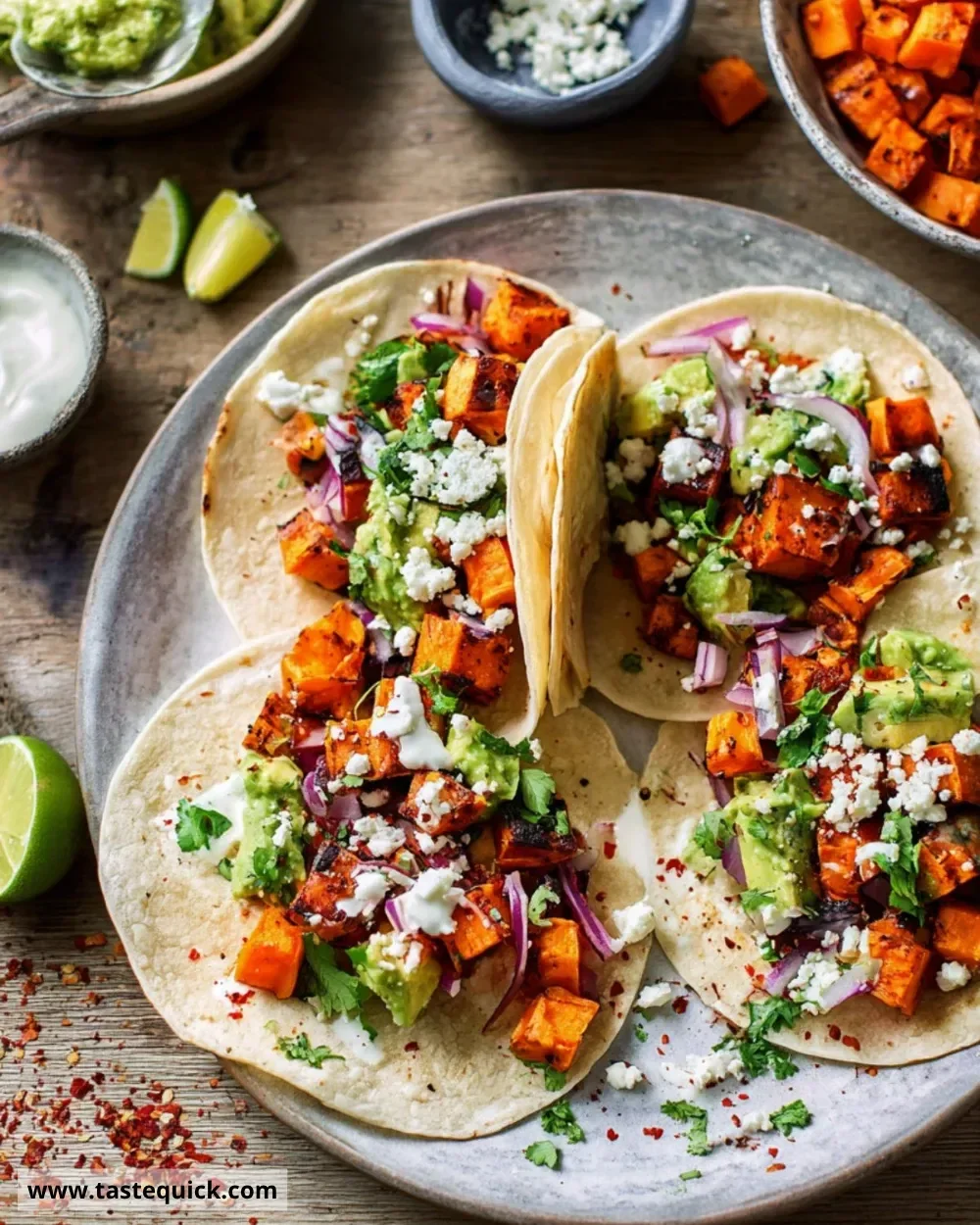 Plate of colorful sweet potato tacos topped with avocado and herbs