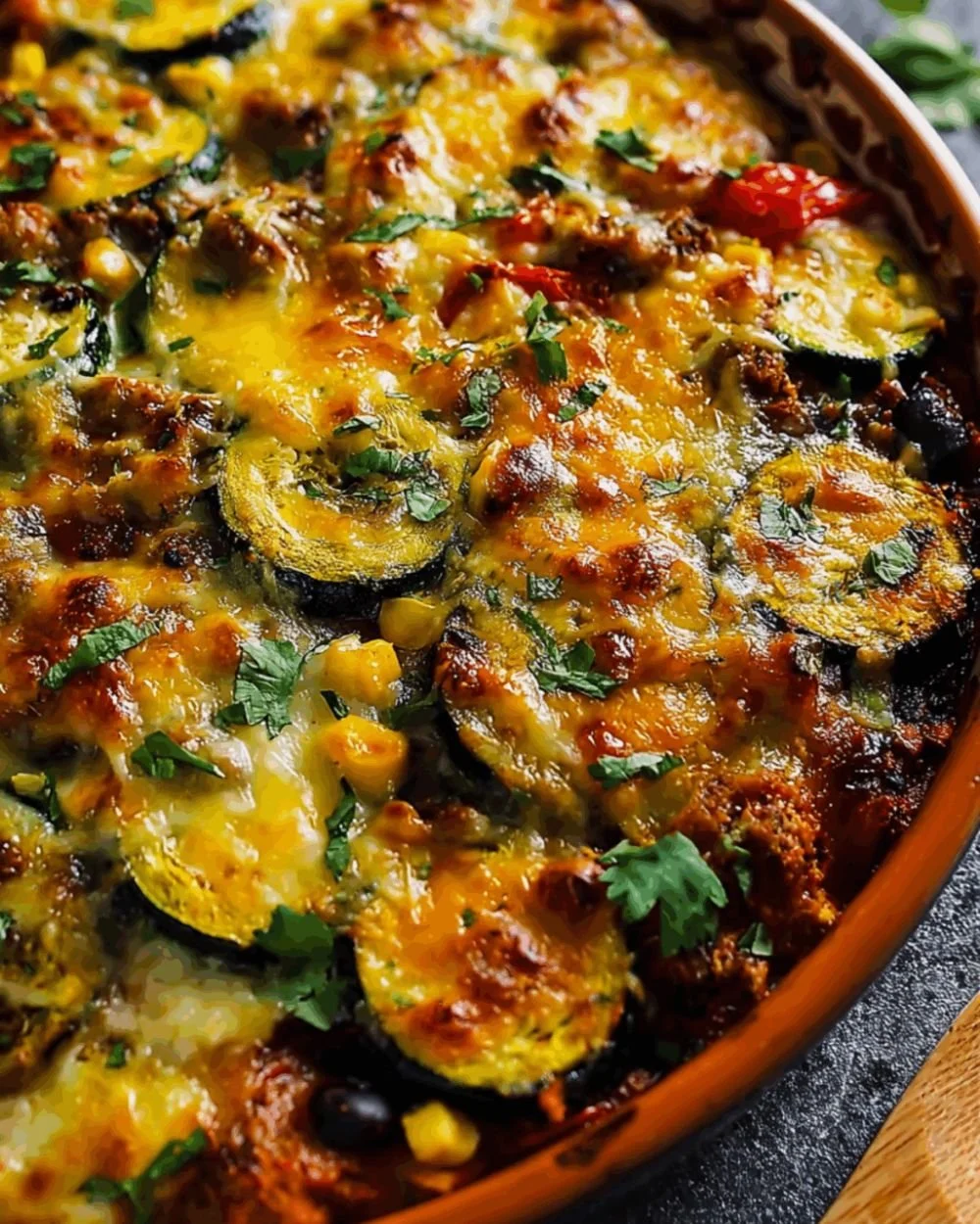 Delicious Tex-Mex Zucchini Bake with cheese, spices, and fresh vegetables