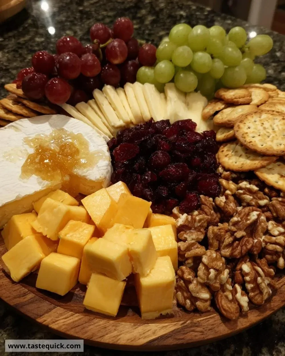 Thanksgiving cheese and cracker tray with assorted cheeses and crackers.