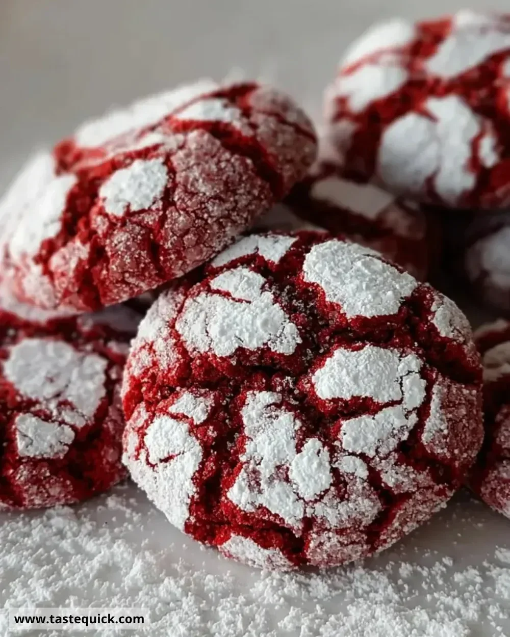 Easiest red velvet crinkle cookies on a plate with powdered sugar
