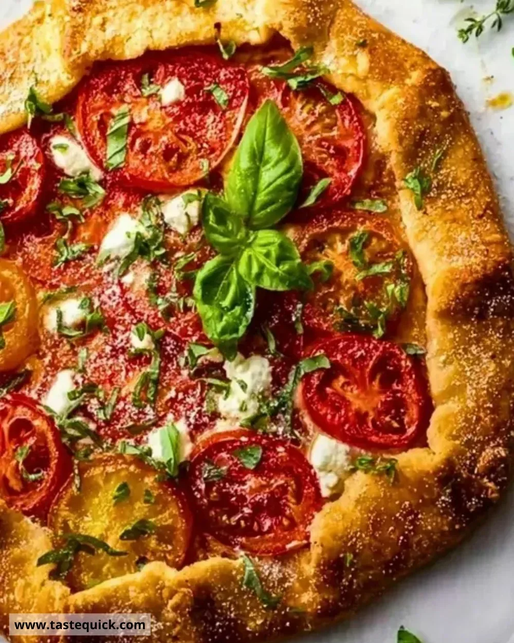 Tomato Basil Galette with Goat Cheese on a rustic wooden table