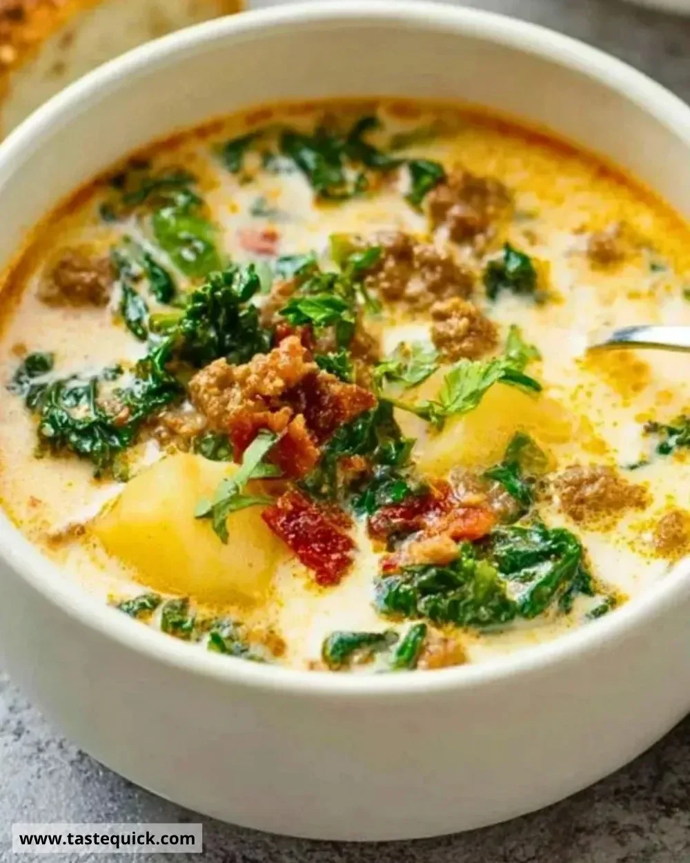 Delicious bowl of Tuscan soup garnished with fresh herbs and bread