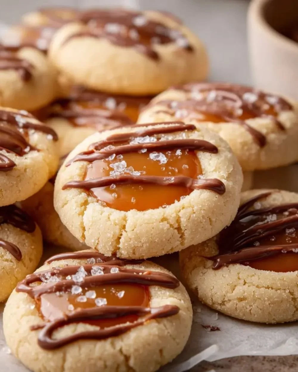 Delicious Twix thumbprint cookies with caramel and chocolate.