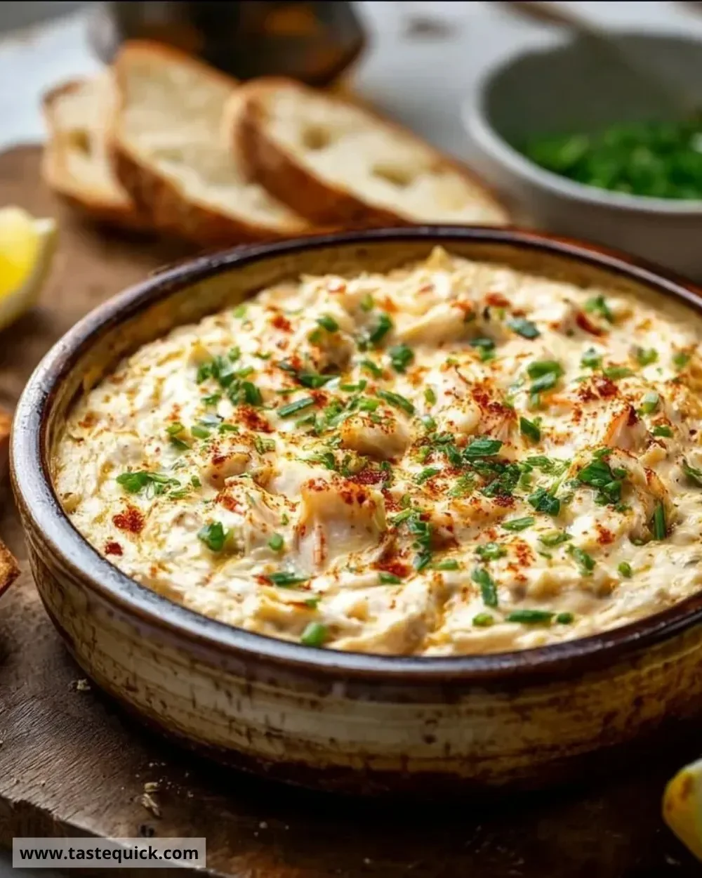 Ultimate Creamy Crab Dip served in a bowl with crackers and vegetables