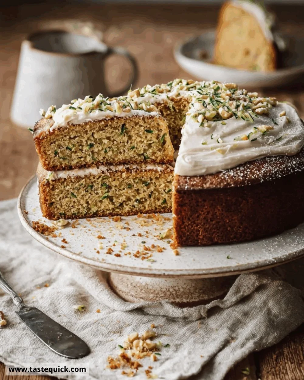 Delicious vegan zucchini cake topped with frosting and fresh herbs