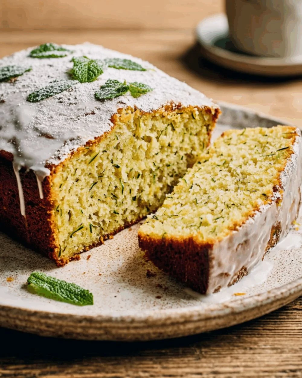 Moist vegan zucchini cake topped with fresh frosting and garnished with zucchini slices.