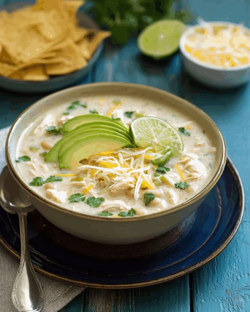 Bowl of creamy white chicken chili topped with cilantro and lime slices