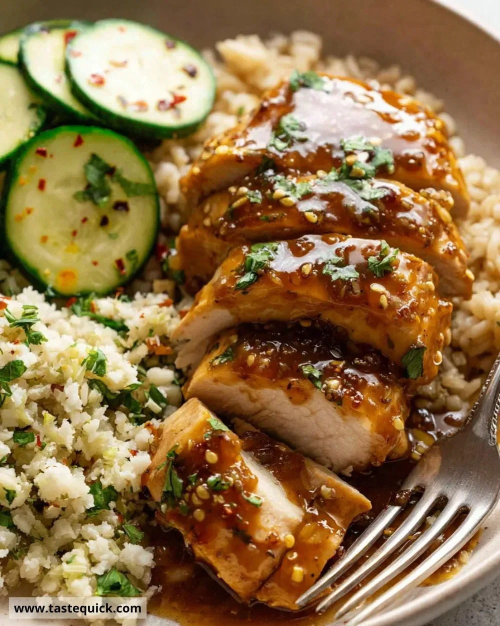 Delicious honey garlic chicken breast garnished with herbs on a plate