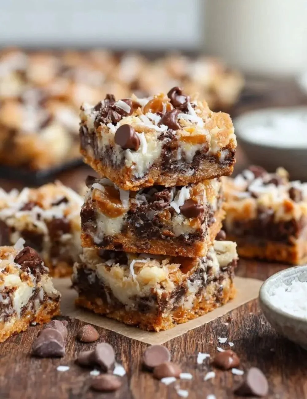 Delicious homemade 7 layer bars showcasing chocolate chips, nuts, and coconut layers