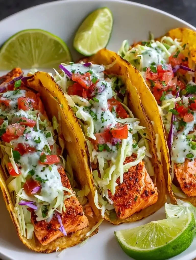 Air fryer salmon tacos topped with fresh slaw in a tortilla