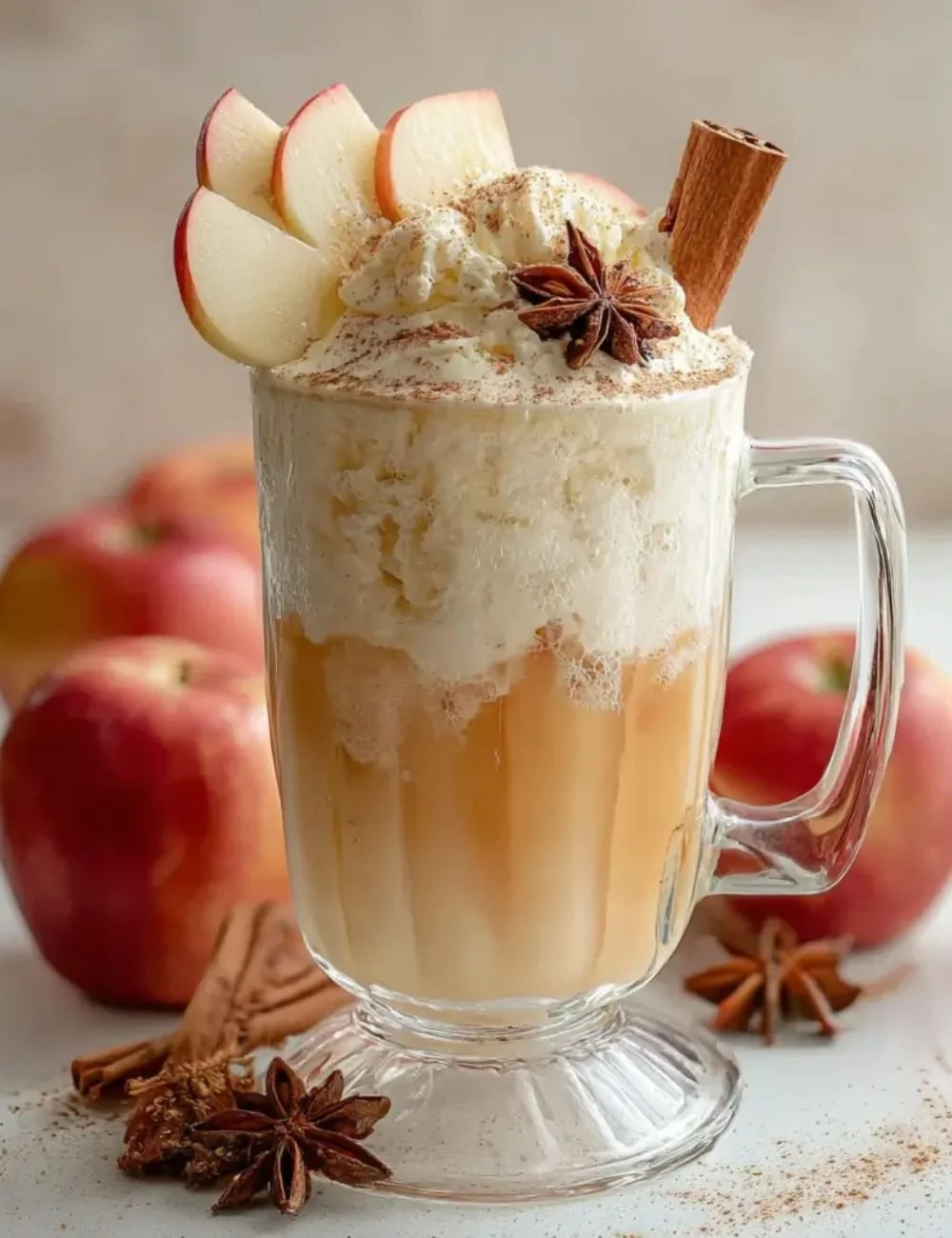 Delicious Apple Cider Float Ice Cream topped with cinnamon and whipped cream