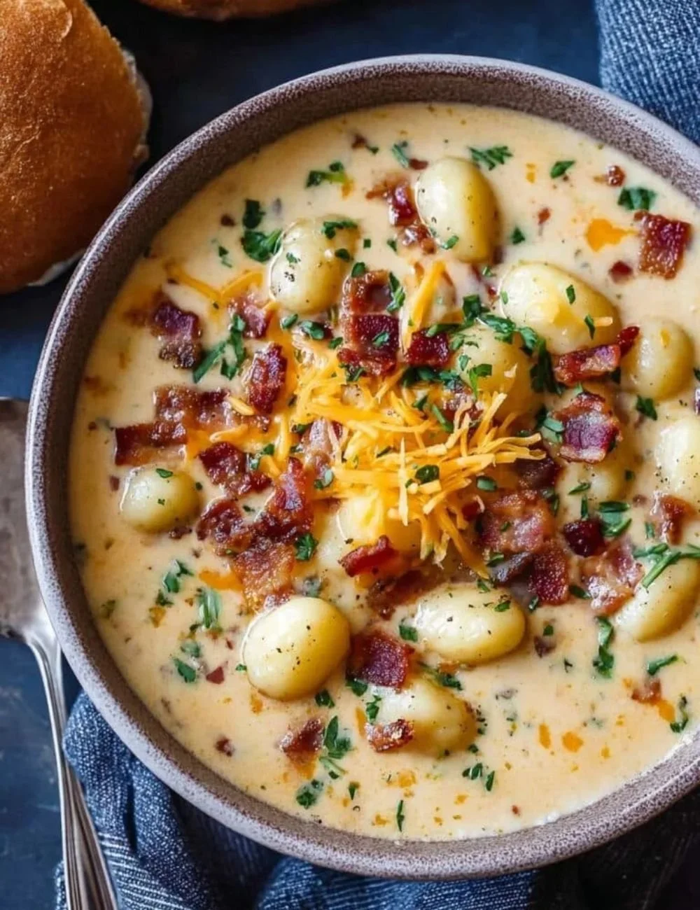 Bowl of creamy Bacon Cheddar Gnocchi Soup topped with crispy bacon and cheese.