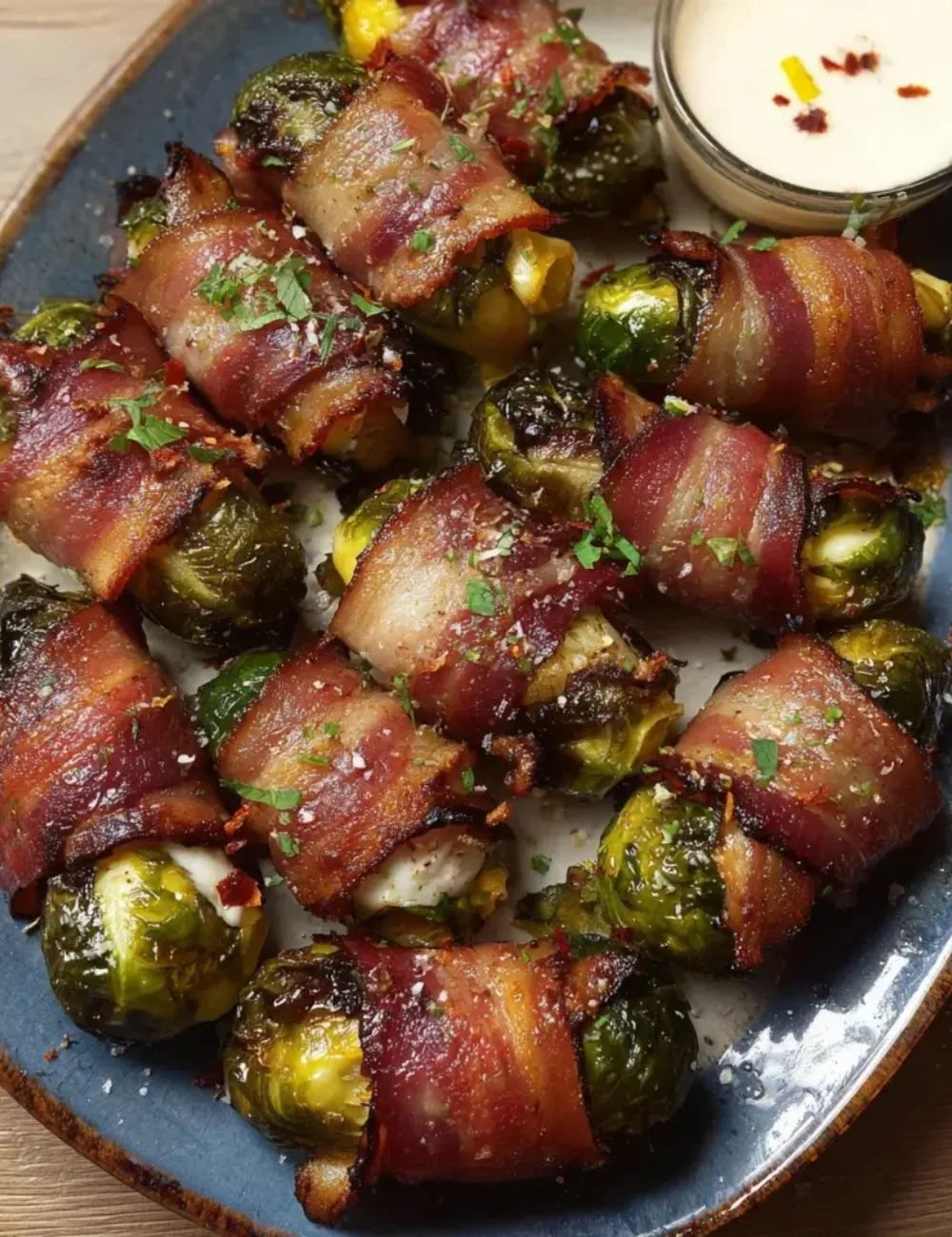 Bacon-Wrapped Brussels Sprouts on a serving platter