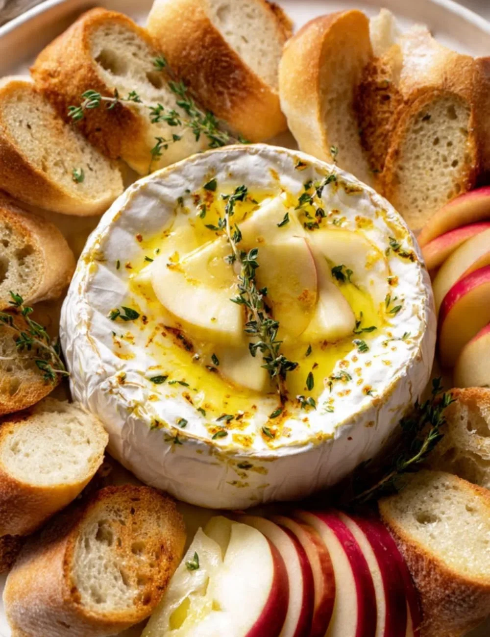 Delicious baked camembert ready to be enjoyed with crusty bread and herbs.