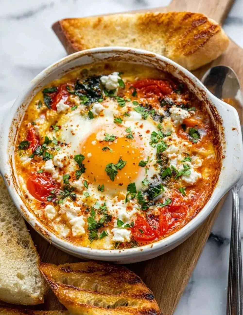 Delicious baked feta eggs served in a skillet with fresh herbs.