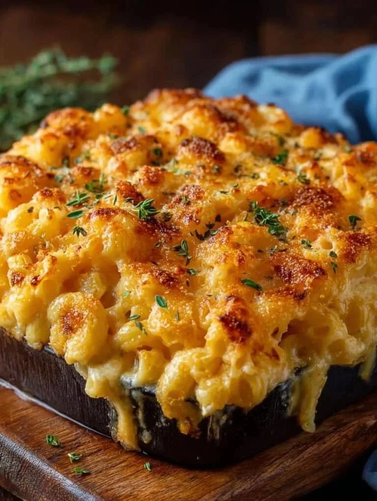Delicious baked mac and cheese topped with breadcrumbs and melted cheese
