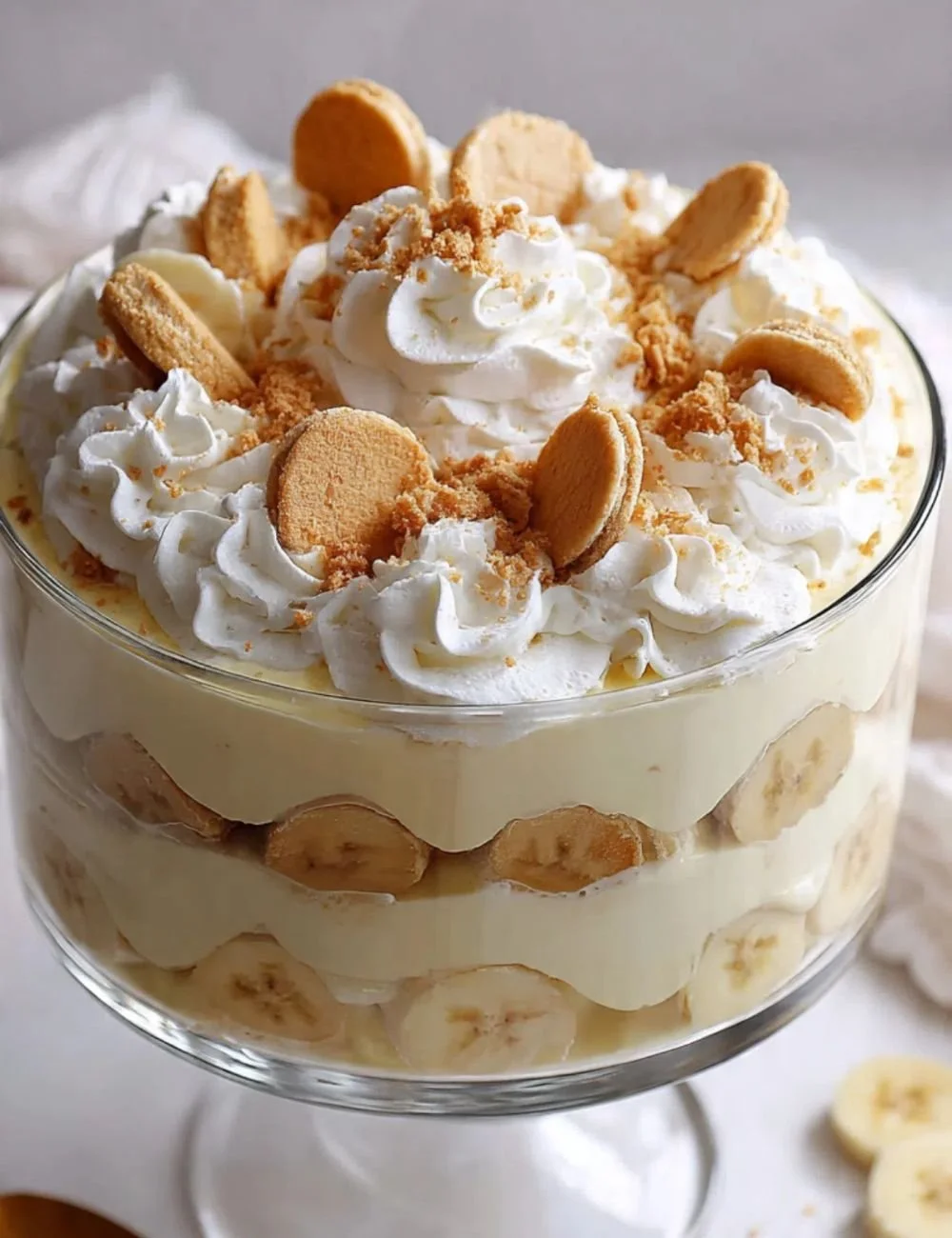 Delicious homemade banana pudding topped with creamy whipped cream and banana slices.