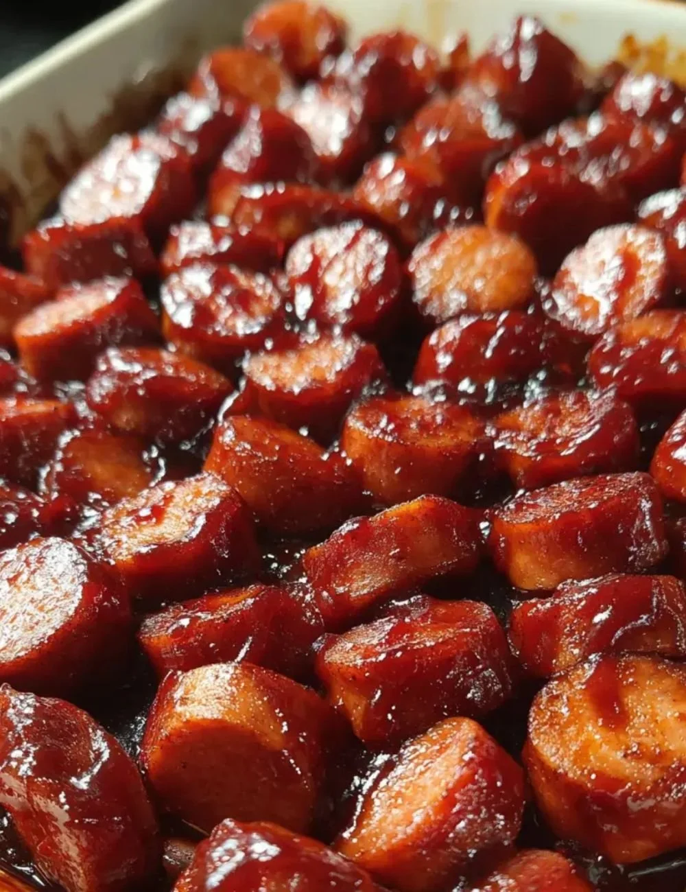 Plate of BBQ sausage bites garnished with herbs