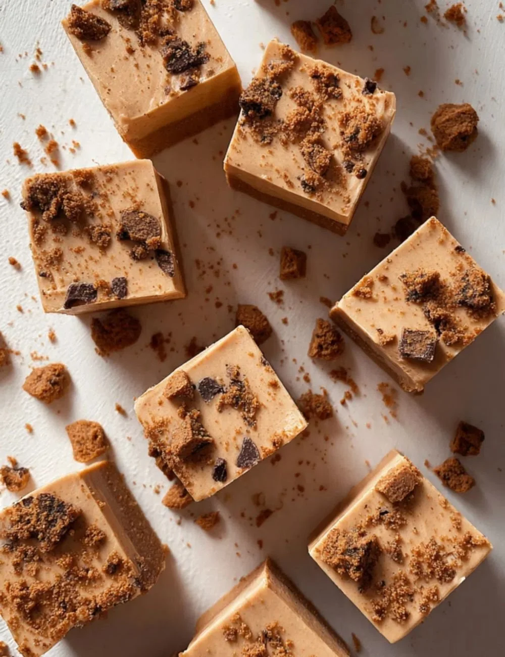Delicious Biscoff fudge topped with cookie crumbs on a wooden table.