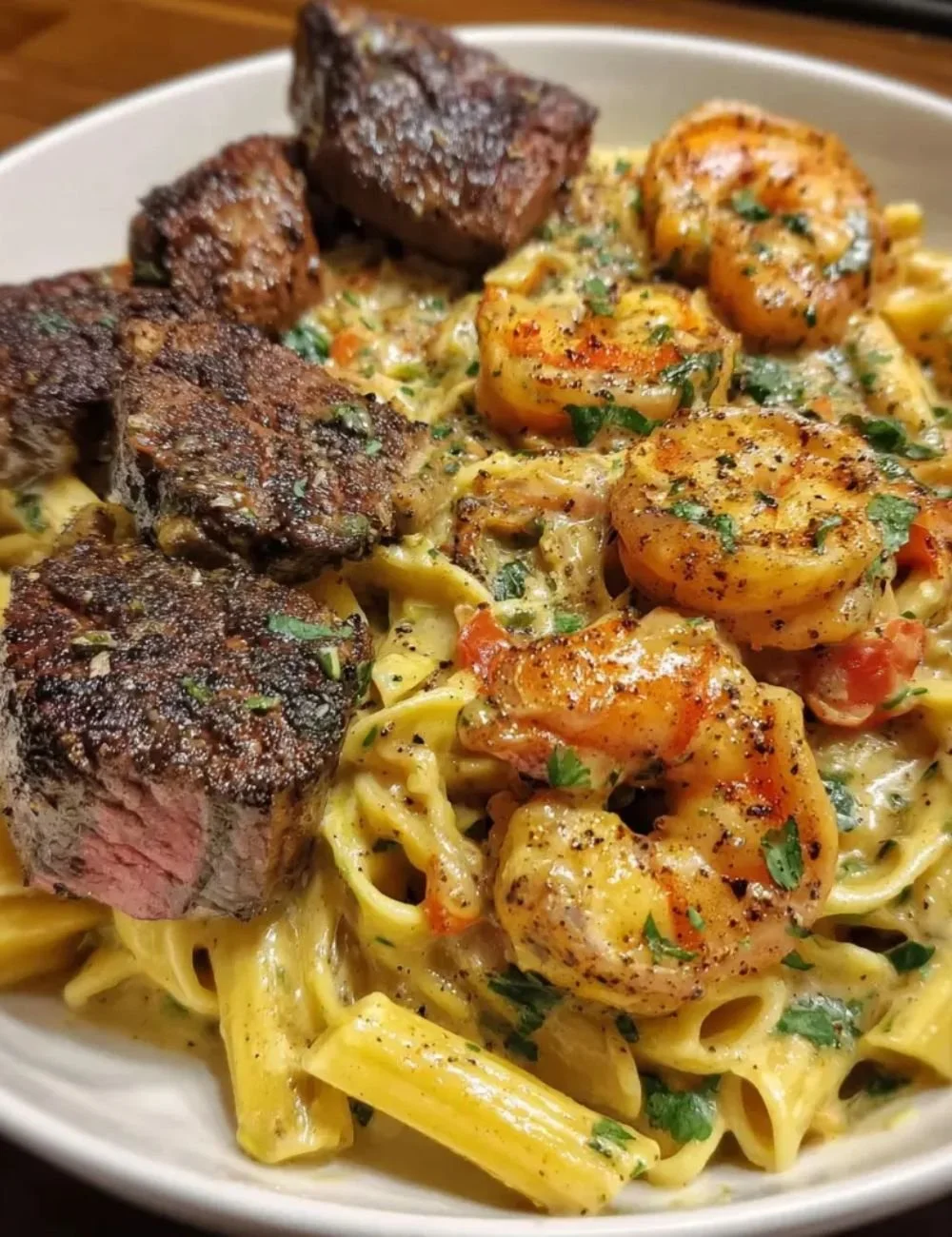 Delicious Blackened Steak Shrimp Alfredo served in a bowl