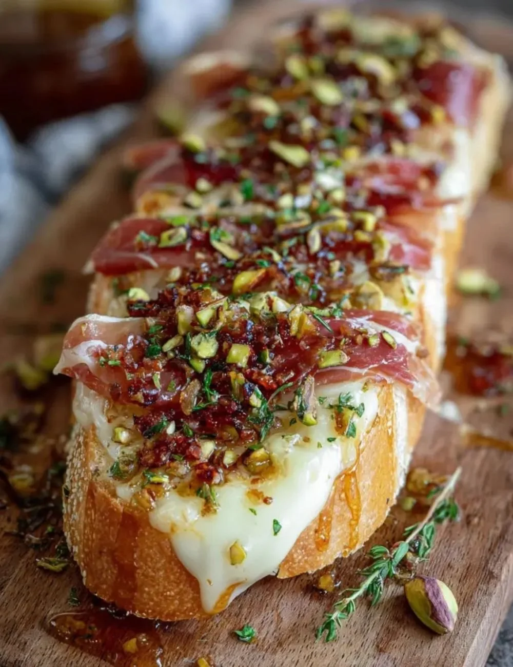 Freshly baked Brie Cheese Bread topped with herbs and melted cheese