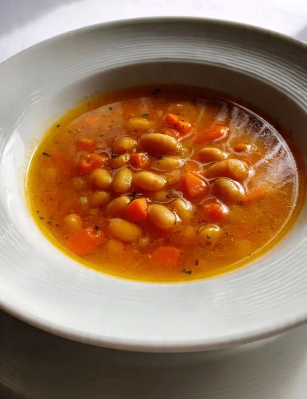 Bowl of brothy carrot butter bean soup garnished with herbs
