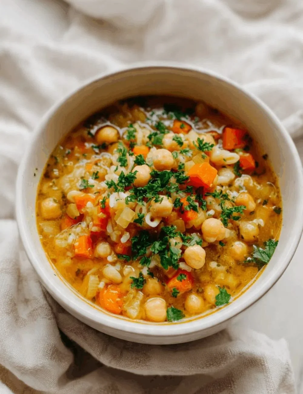 Bowl of brothy chickpea and rice soup with fresh herbs and spices