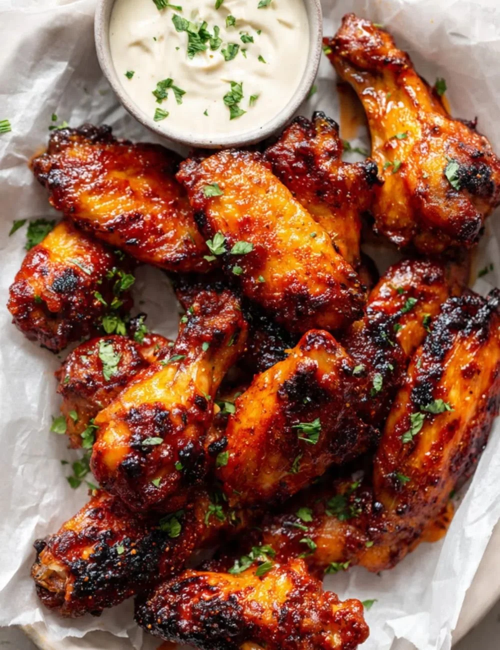 Plate of crispy Buffalo Chicken Wings with dipping sauce