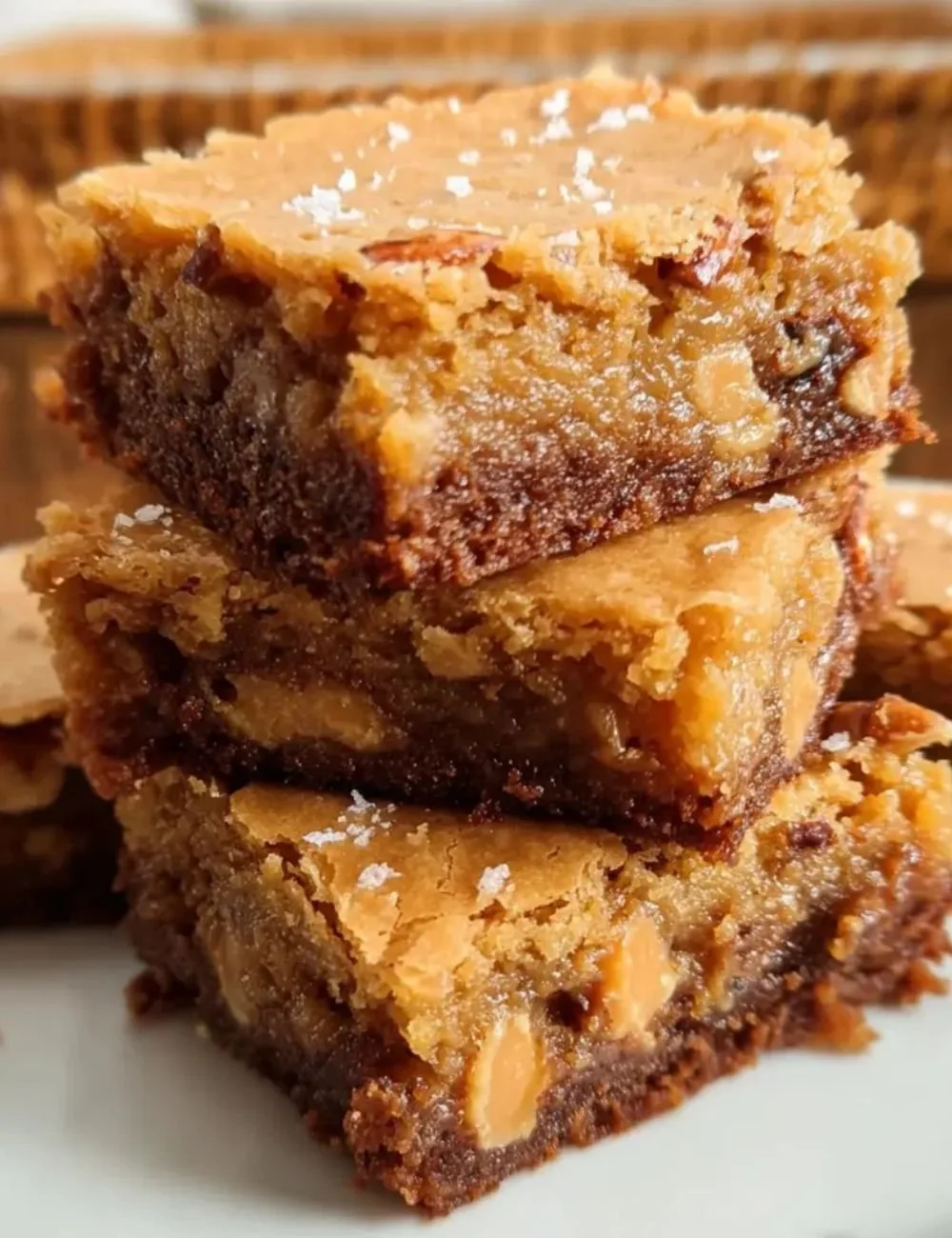 Delicious tray of freshly baked butterscotch brownies with a golden caramel topping.