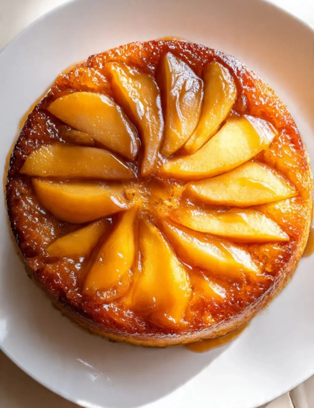 Delicious Caramel Apple Upside Down Cake topped with caramel and fresh apples.