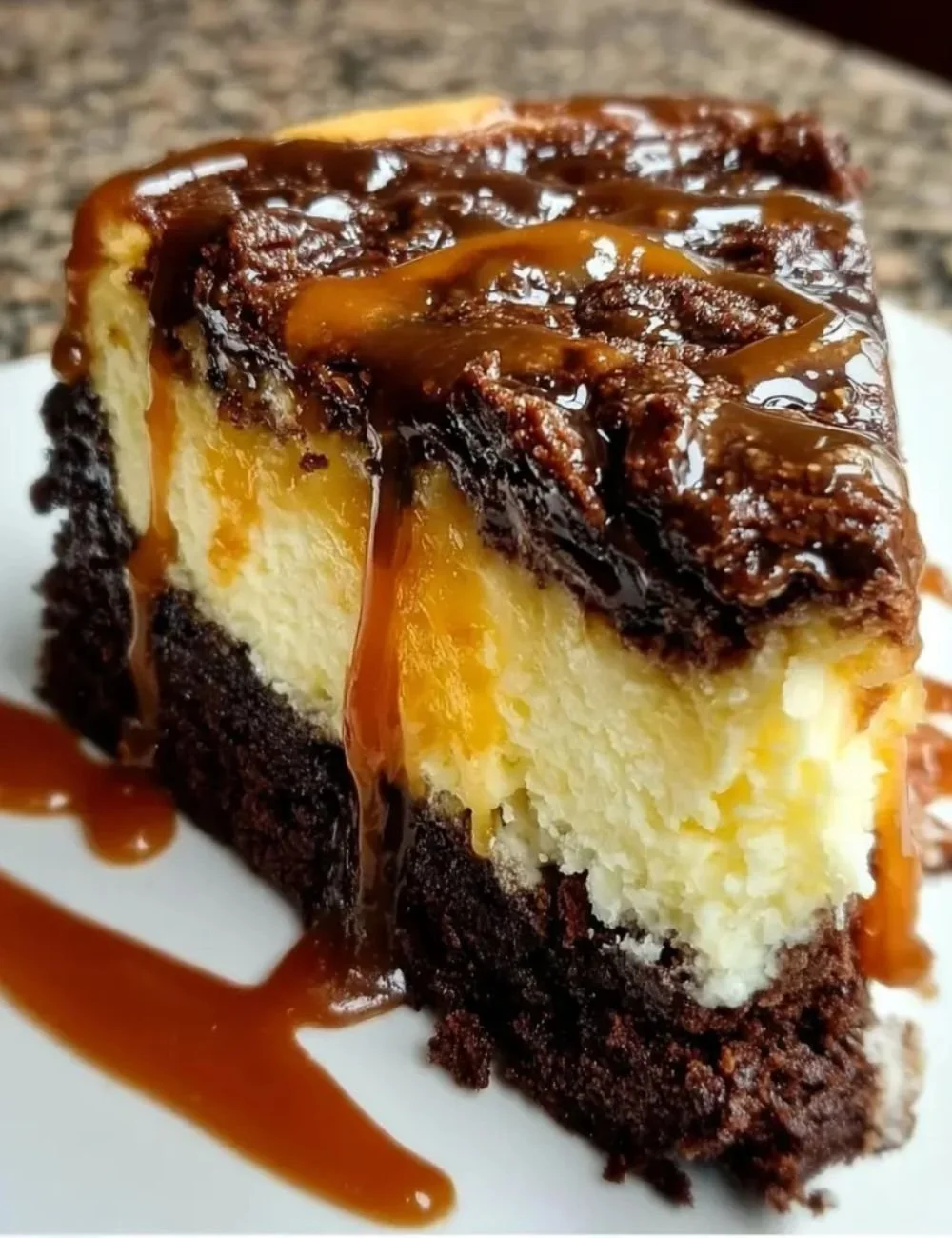 Decadent Caramel Brownie Cheesecake with chocolate and caramel drizzles