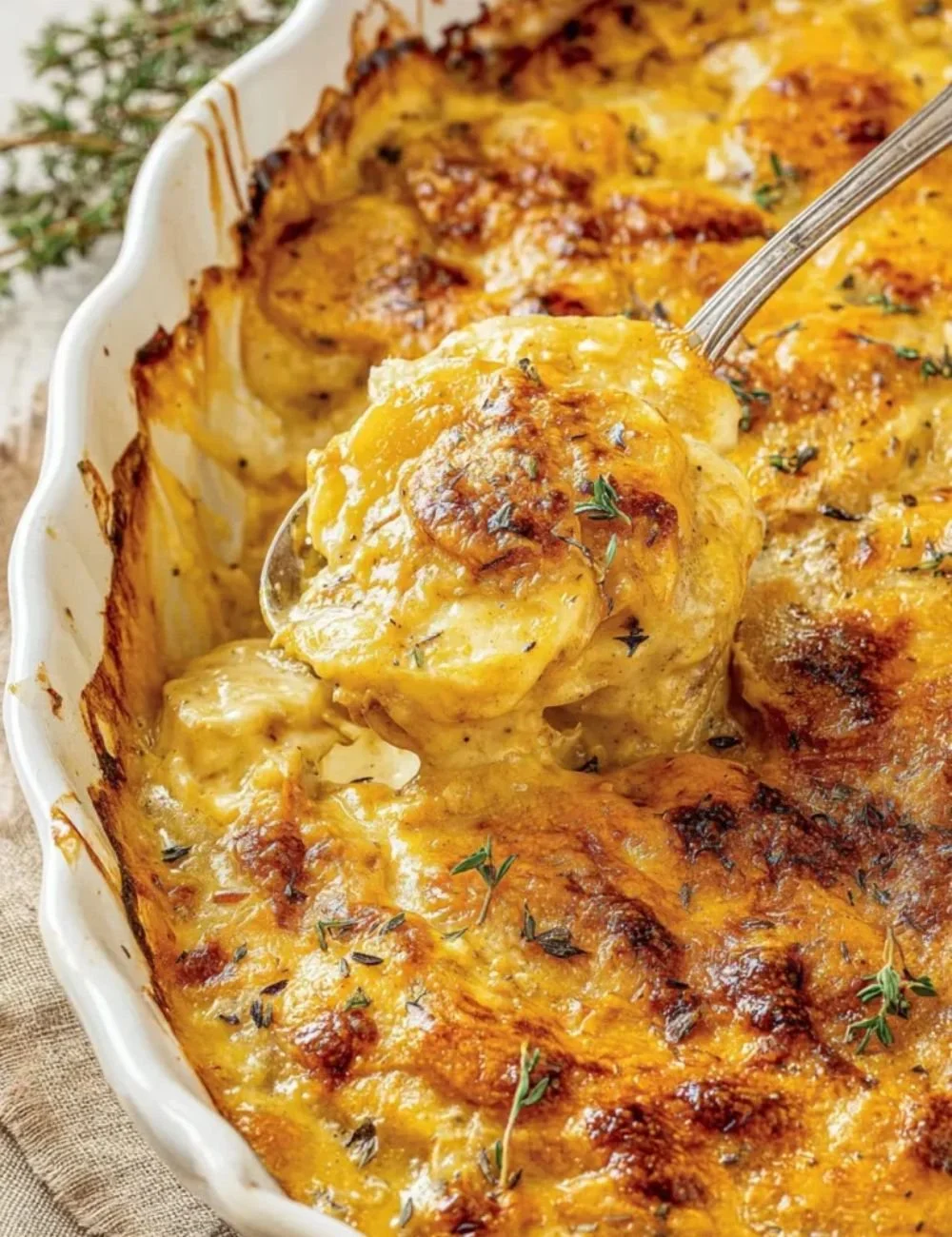 Delicious cheesy au gratin potatoes topped with melted cheese