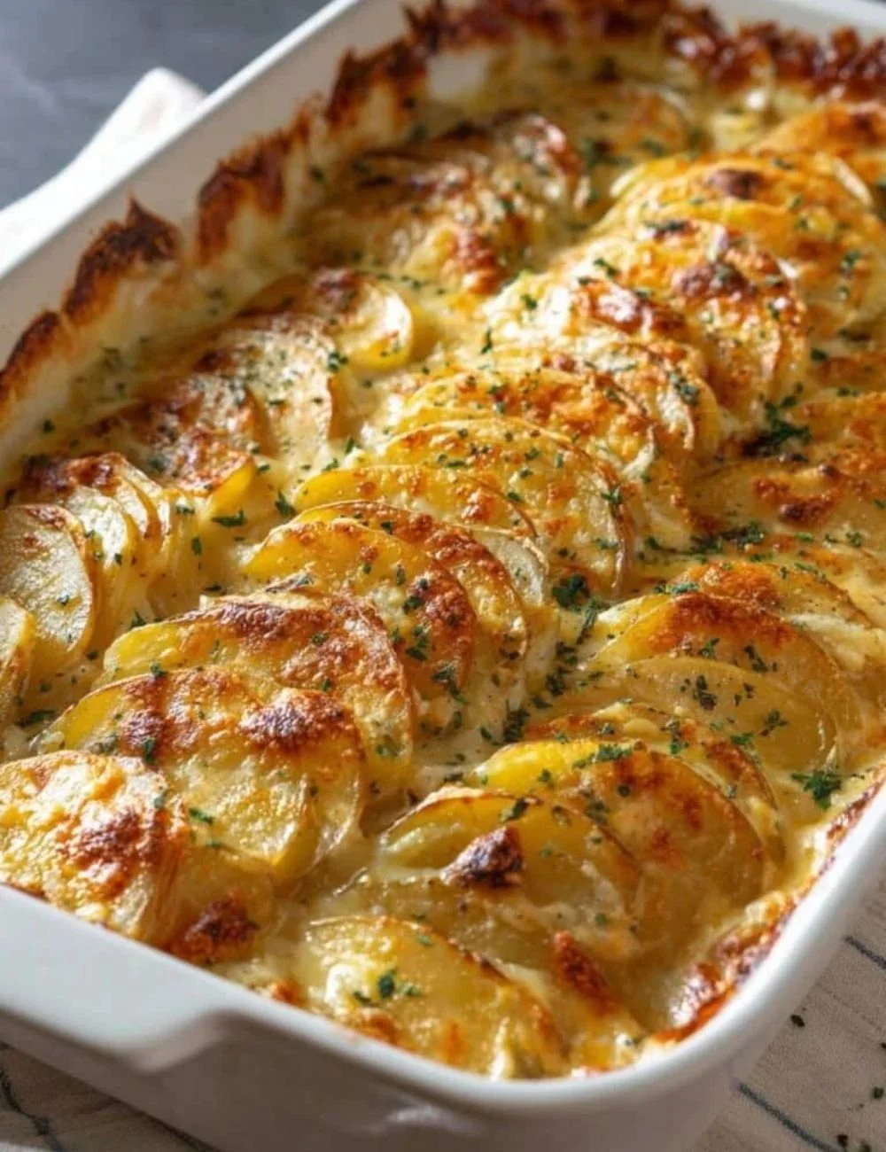 Delicious cheesy scalloped potatoes, creamy and golden brown, served on a plate.