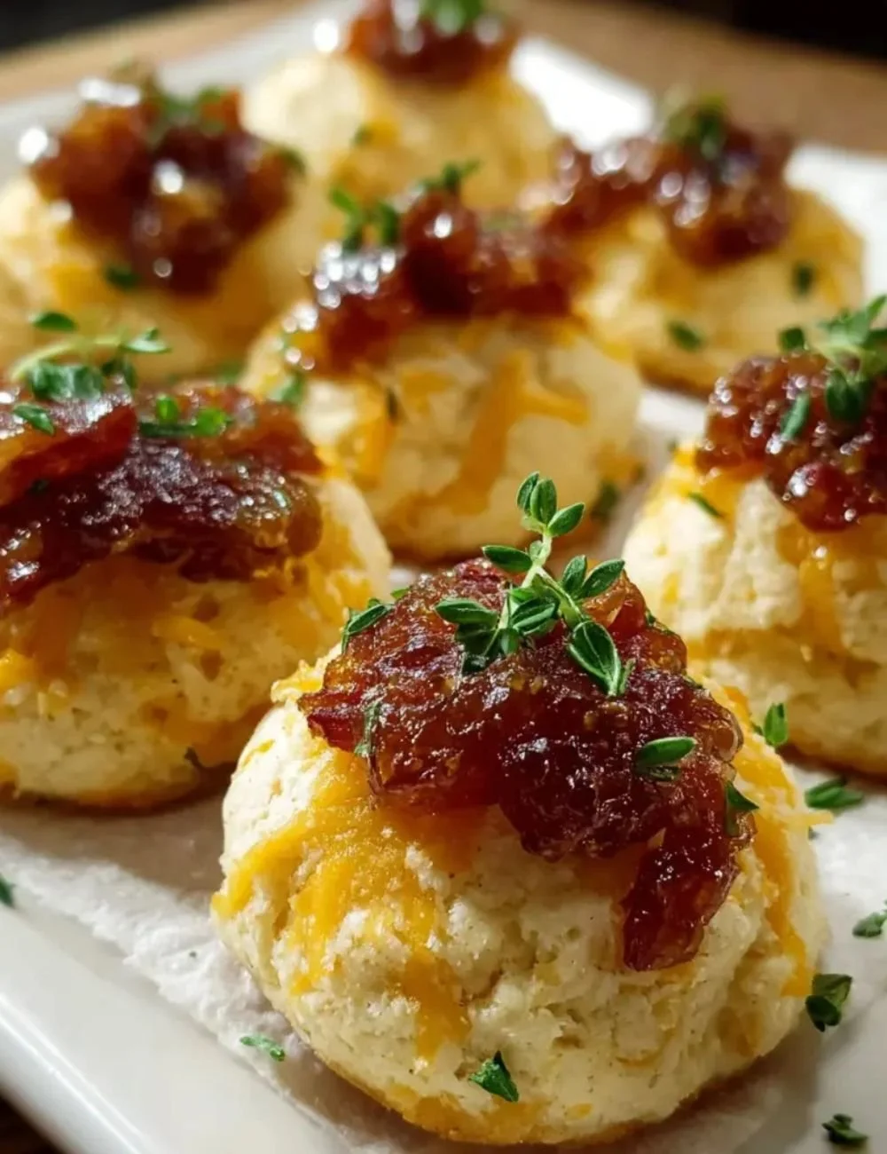 Cheesy Thumbprint Bacon Jam garnished with herbs on a wooden serving board