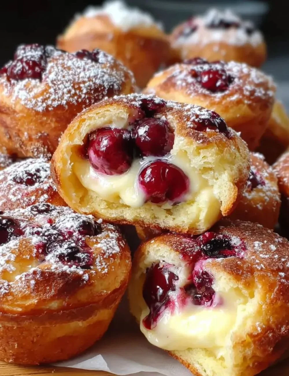 Cherry Cheesecake Crescent Muffins on a plate topped with fresh cherries.