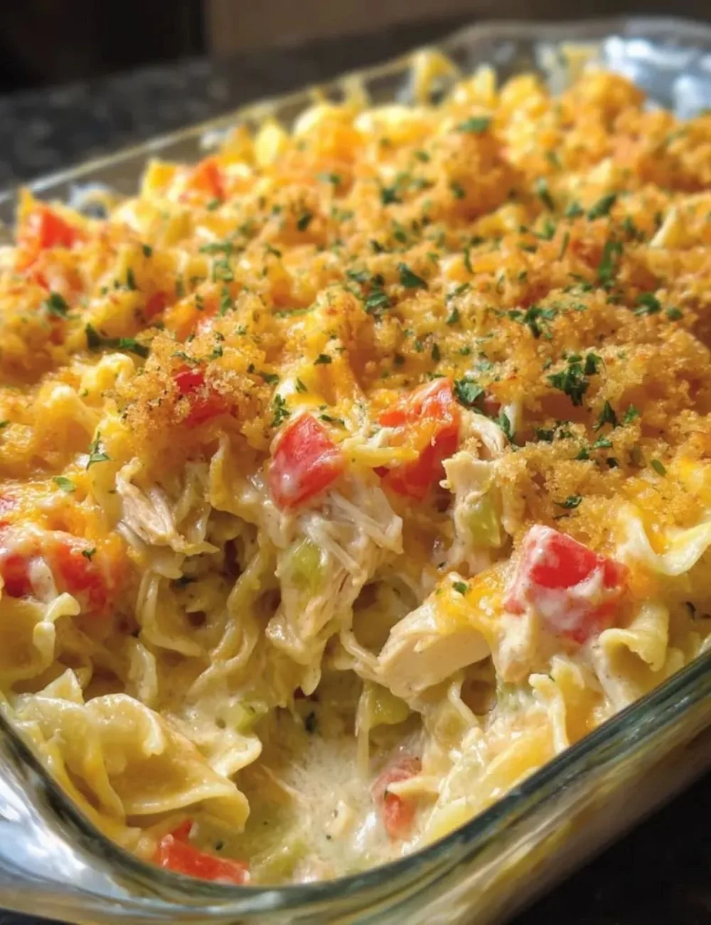 Delicious Chicken Cheddar Noodle Bake served in a casserole dish