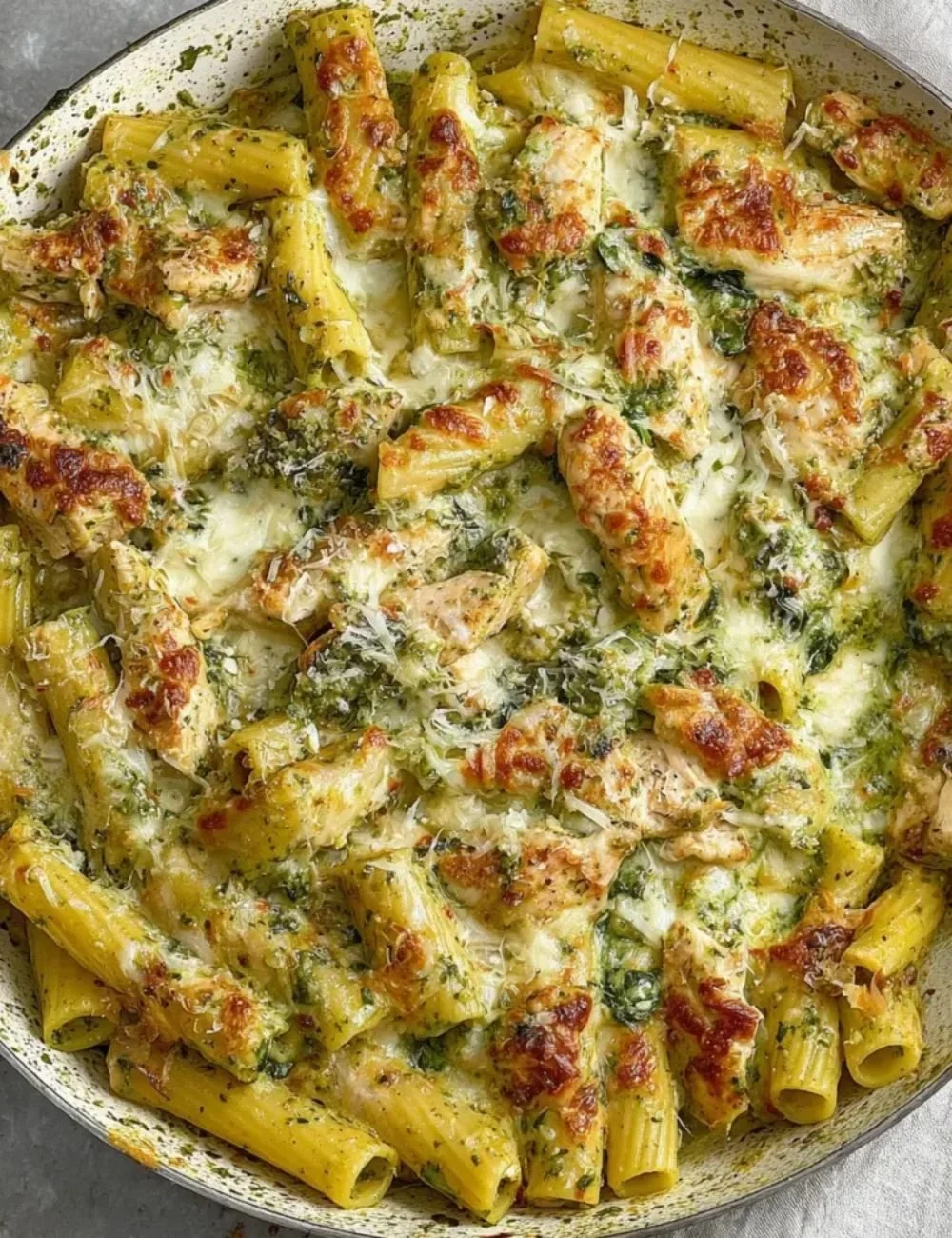 Delicious Chicken Pesto Pasta served in a bowl with fresh basil