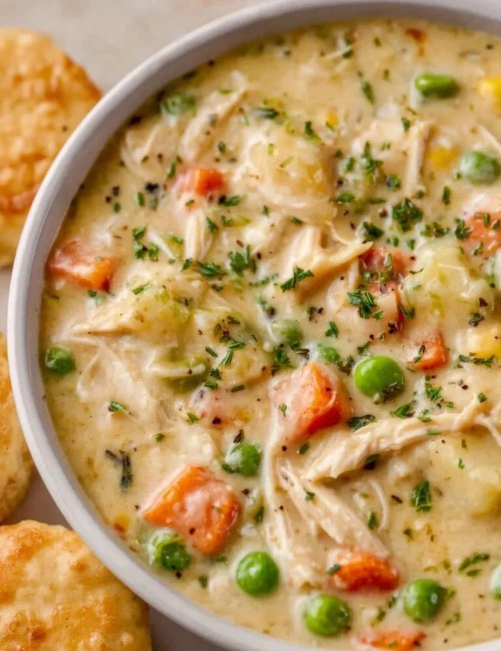 Bowl of Chicken Pot Pie Soup with vegetables and flaky crust