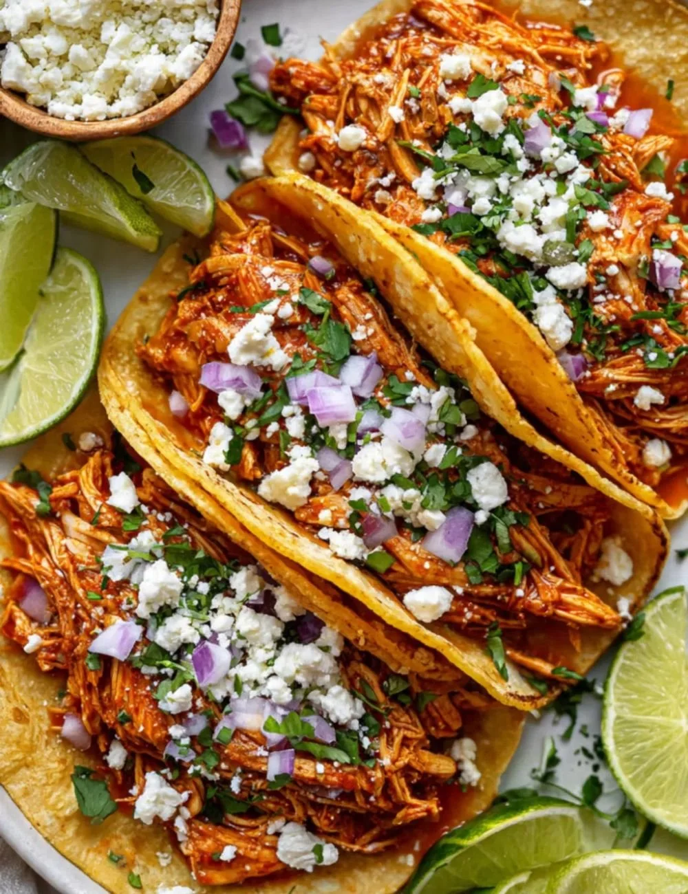 Delicious Chicken Tinga Tacos topped with fresh ingredients.