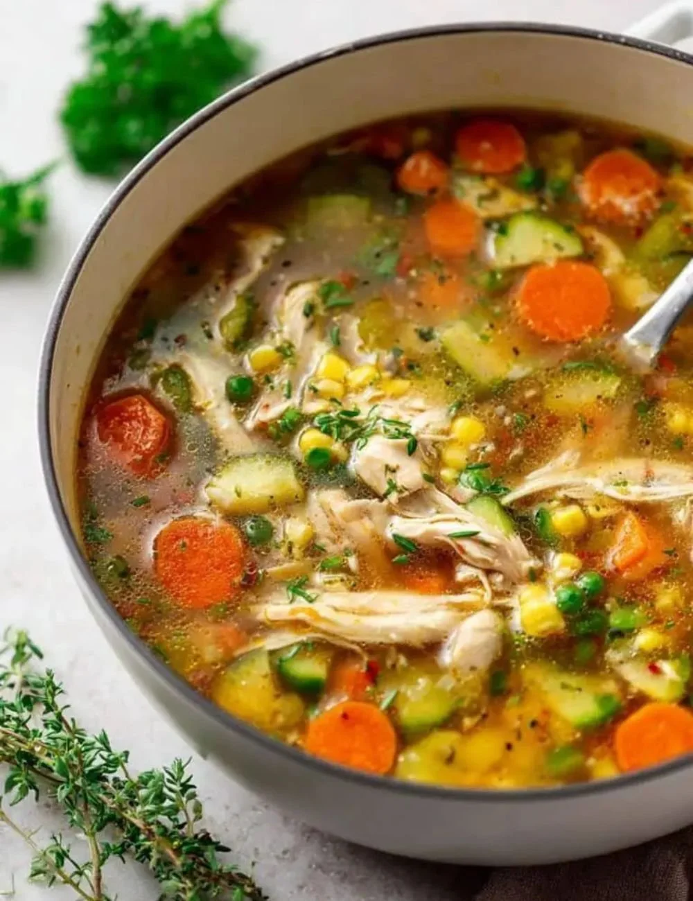 Bowl of homemade Chicken Vegetable Soup with fresh ingredients