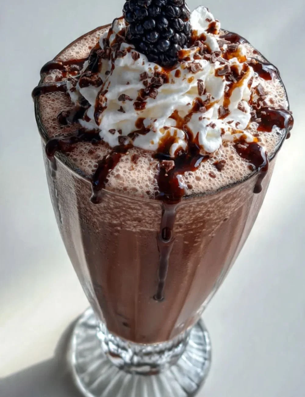 Delicious Chocolate Banana Milkshake topped with whipped cream and chocolate shavings