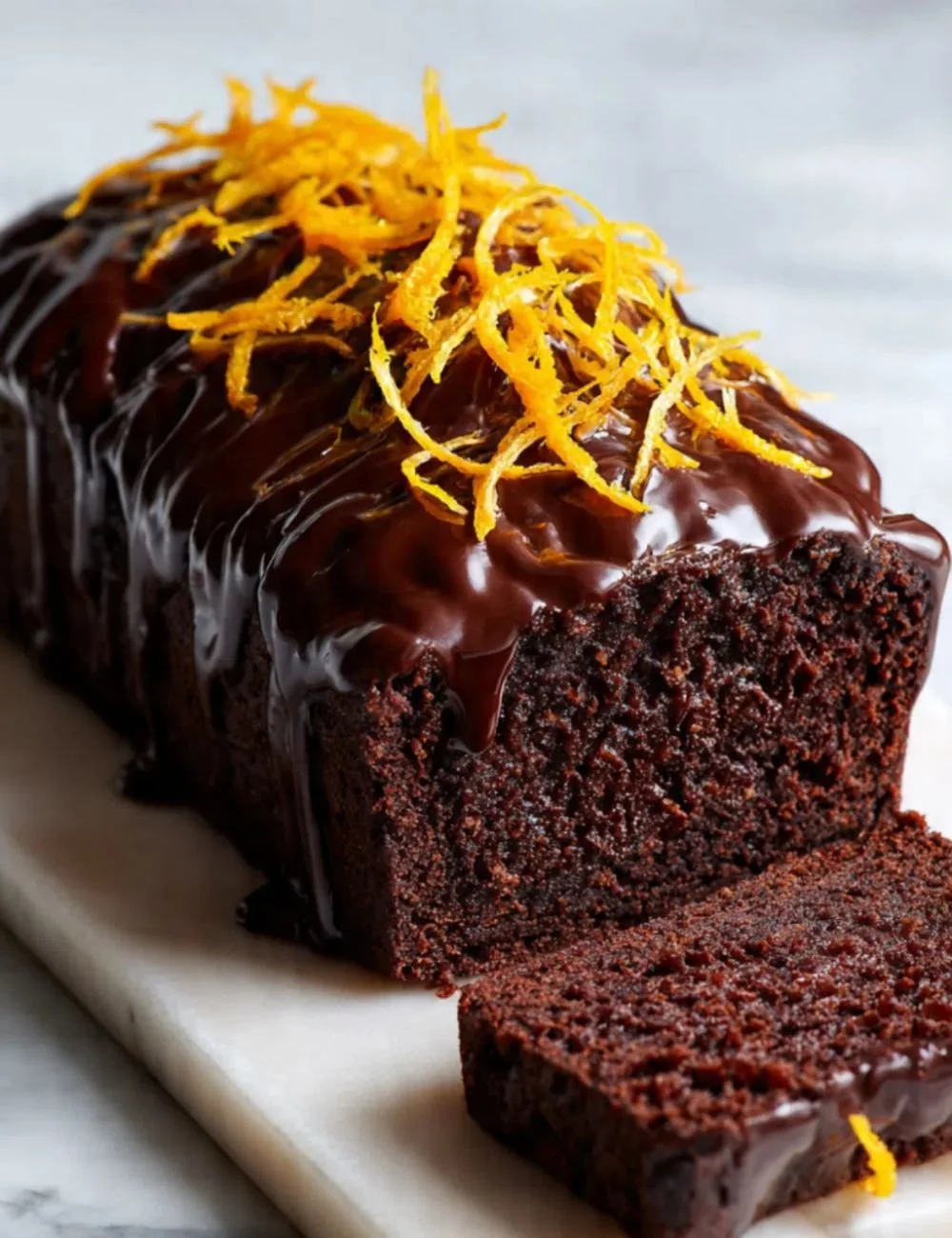 Delicious slice of chocolate orange loaf cake on a plate with orange slices