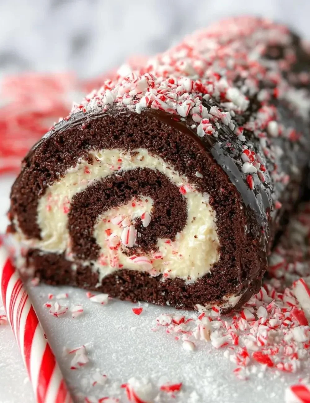 Delicious Chocolate Peppermint Bark Roll Cake topped with crushed peppermint pieces