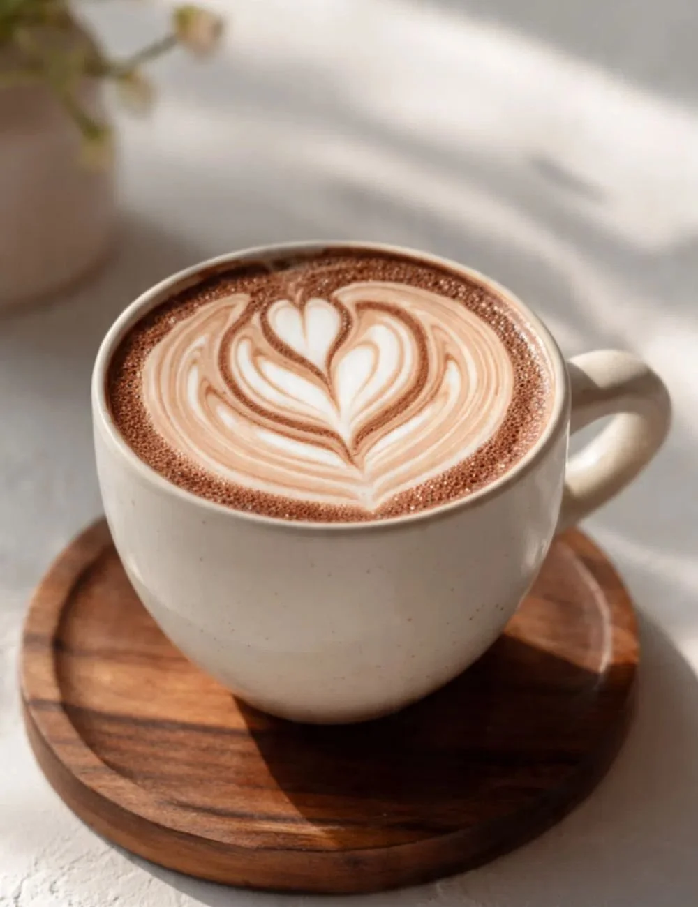 A festive cup of Christmas Coffee with holiday decorations in the background.