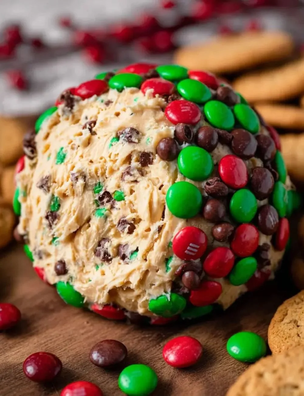 Christmas Cookie Dough Cheeseball topped with festive decorations