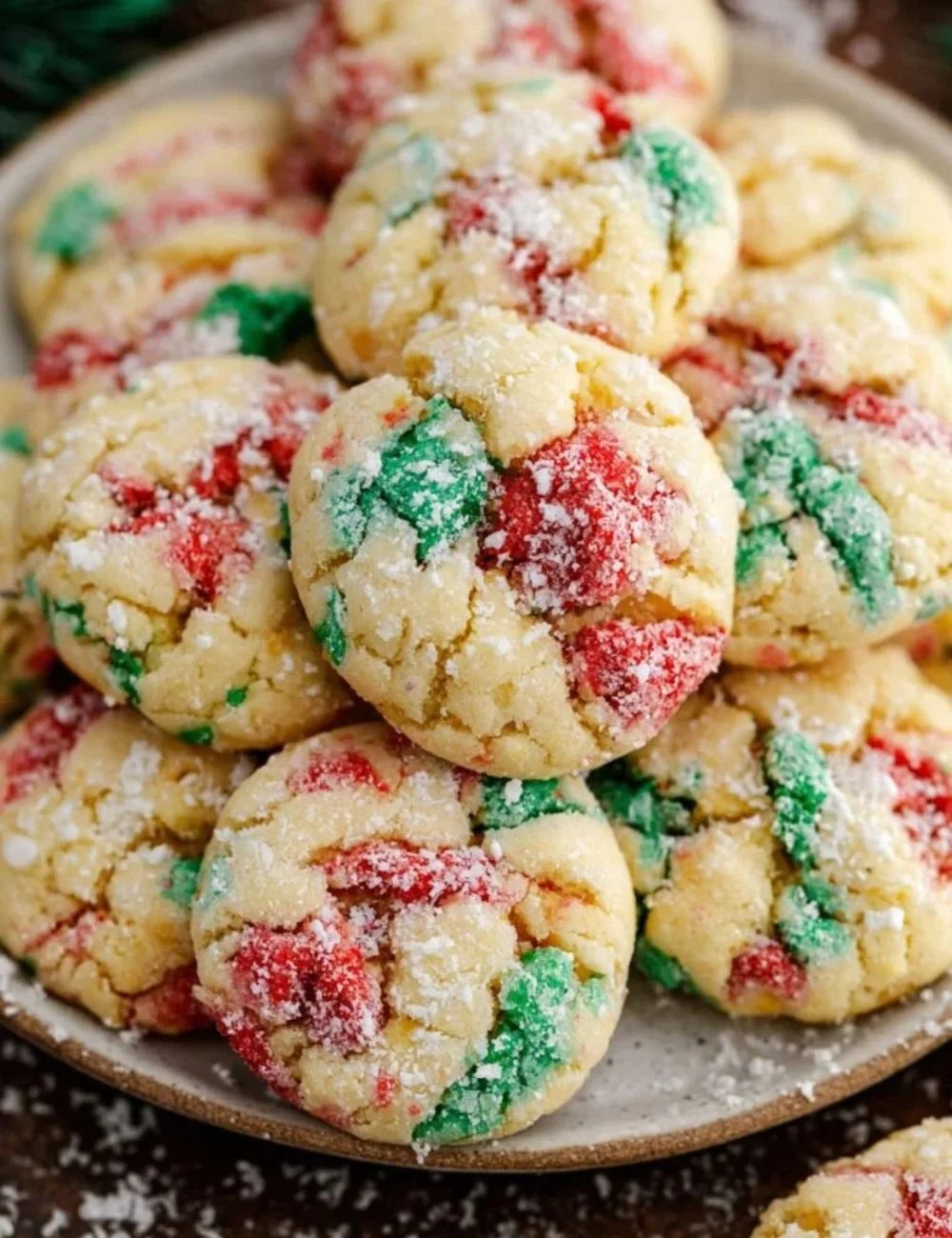 Plate of Christmas Gooey Butter Cookies dusted with powdered sugar