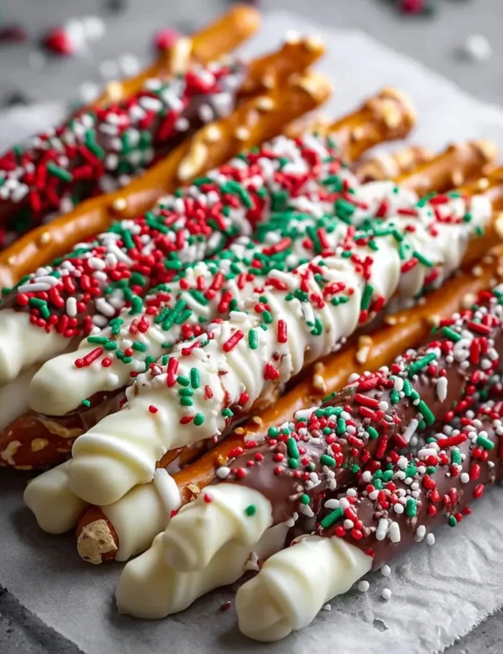 Festively decorated Christmas Pretzel Rods in holiday colors and toppings.