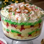 Christmas Tree Cake Trifle with layers of cake and festive decorations