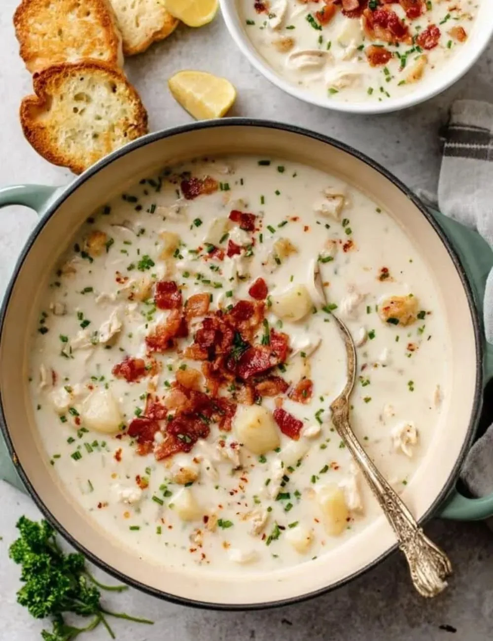 Bowl of creamy clam chowder topped with parsley and served with crackers